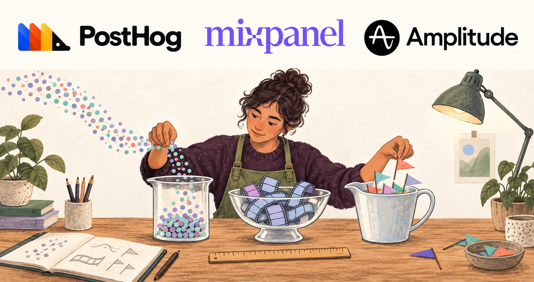 PostHog, Mixpanel, and Amplitude logos above a maker sorting event dots, replay film, and feature flags into separate measuring vessels