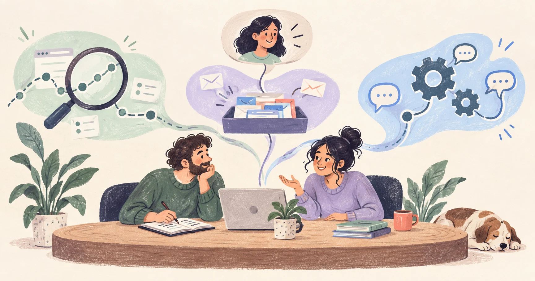 Two support teammates at a desk connect a customer conversation with product investigation, a shared inbox, and service automation
