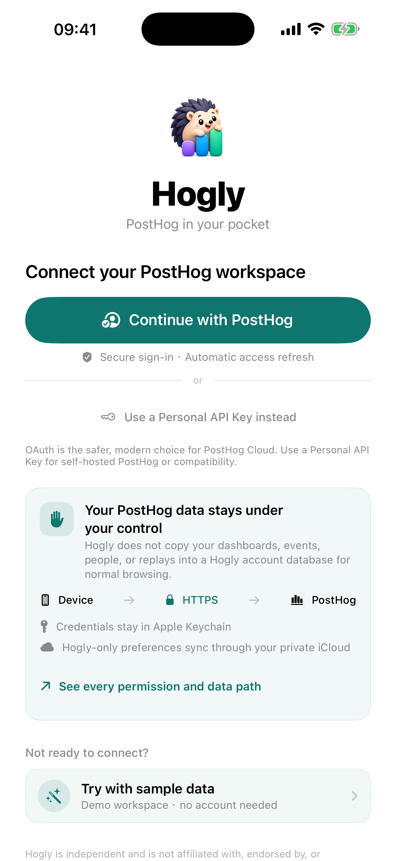 Hogly onboarding explaining direct PostHog access, Apple Keychain storage, and private iCloud sync