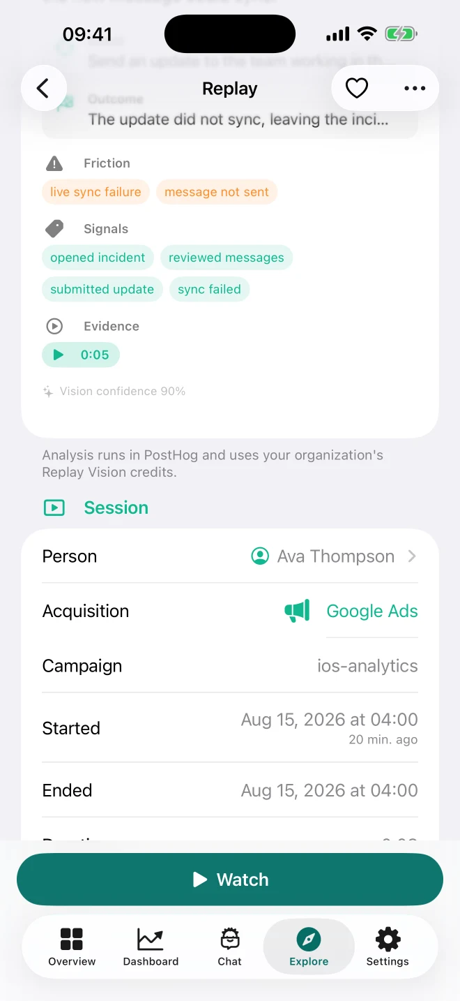 Fictional Hogly Session Replay showing Google Ads acquisition and the ios-analytics campaign