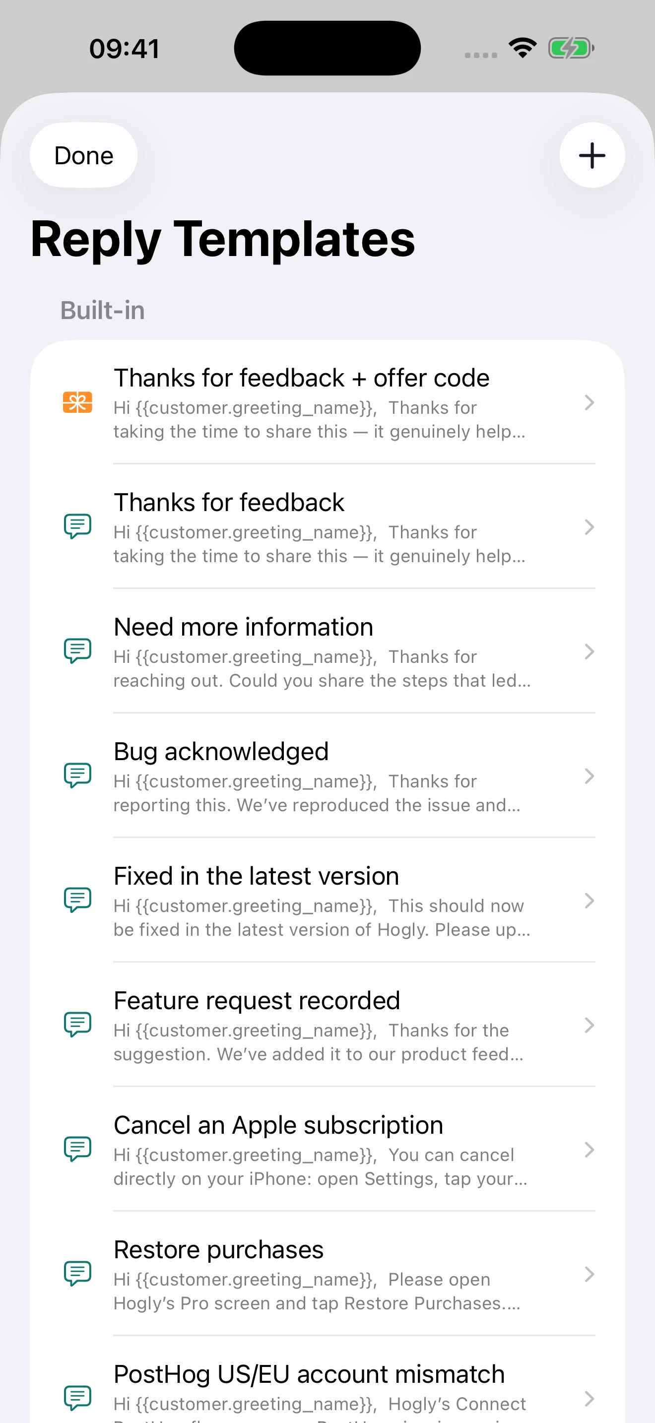 Hogly Reply Templates showing built-in feedback acknowledgements, information requests, and bug follow-up replies