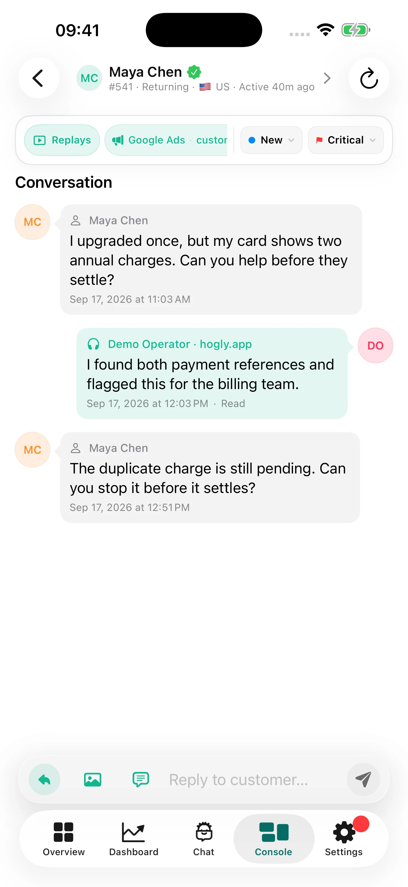 A freshly captured Hogly Support conversation with fictional customer Maya Chen on iPhone
