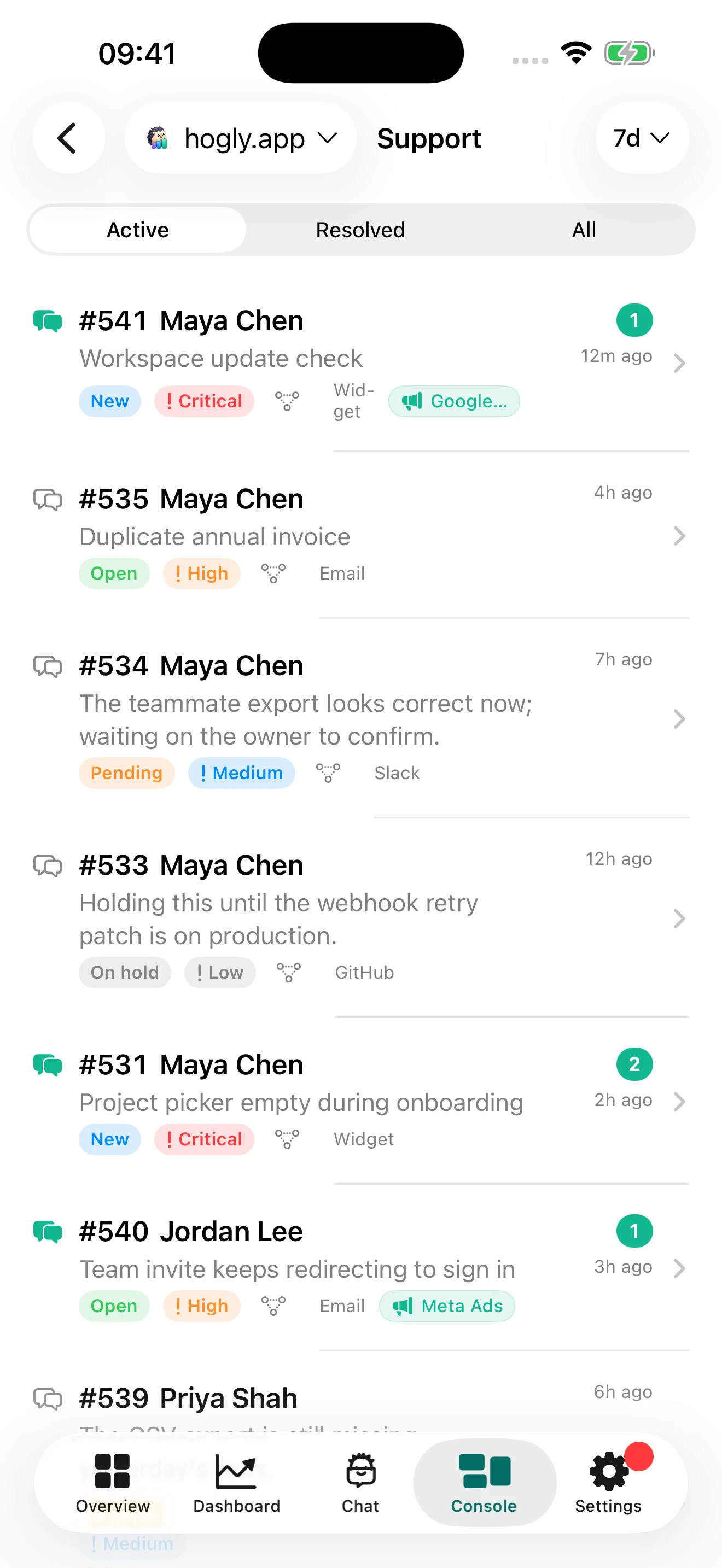 Hogly Support inbox on iPhone with fictional customer tickets and their status