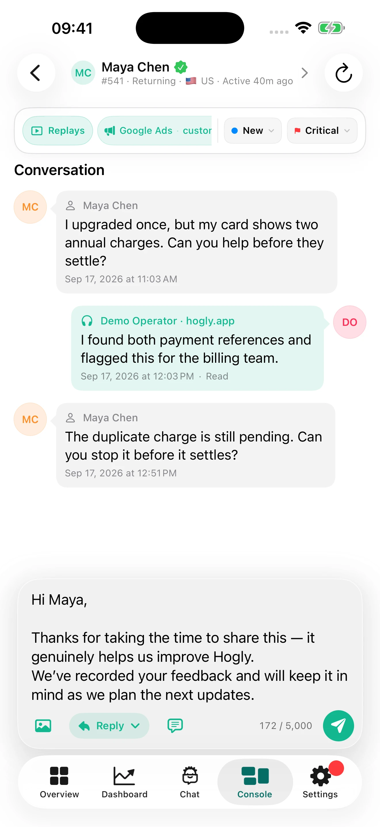 An unsent Hogly Support draft after choosing the Thanks for feedback template, with Maya's greeting filled in