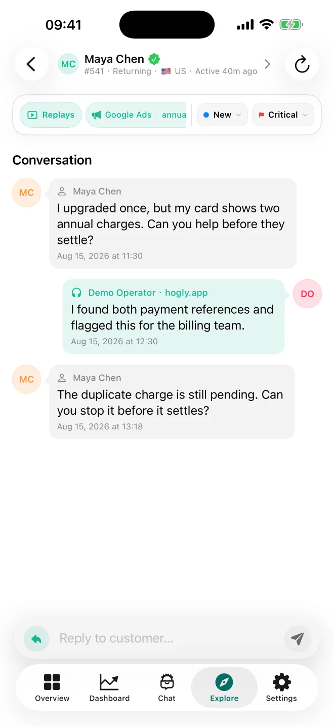 Fictional Hogly Support conversation opened from Explore, showing Google Ads acquisition, the annual-plan campaign, and a customer Replays action